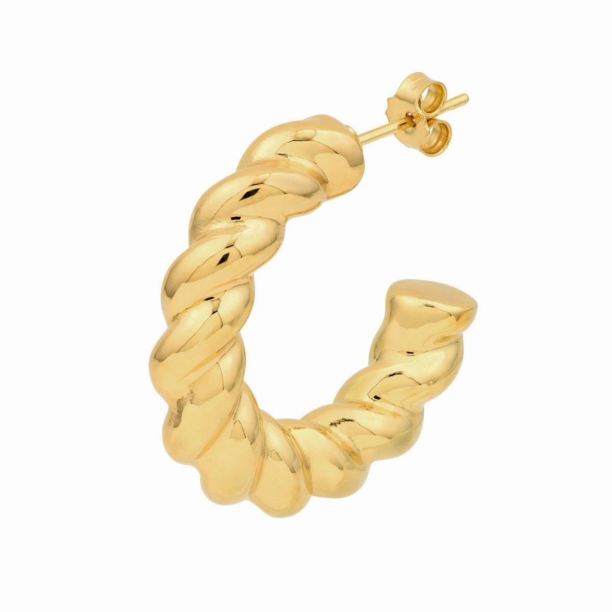 14K Yellow Gold Puff Textured Twist Open Hoop Earrings