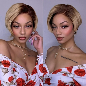Ash Blonde Peekaboo Brown Pixie Cut Wig Glueless Minimalist HD Lace Short Blonde Wig Pre-Cut Lace