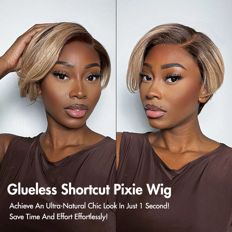 Ash Blonde Peekaboo Brown Pixie Cut Wig Glueless Minimalist HD Lace Short Blonde Wig Pre-Cut Lace