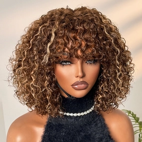 Beginner Friendly Ash Blonde Highlights Water Wave True Scalp Minimalist Lace Glueless Curly Wig with Bangs