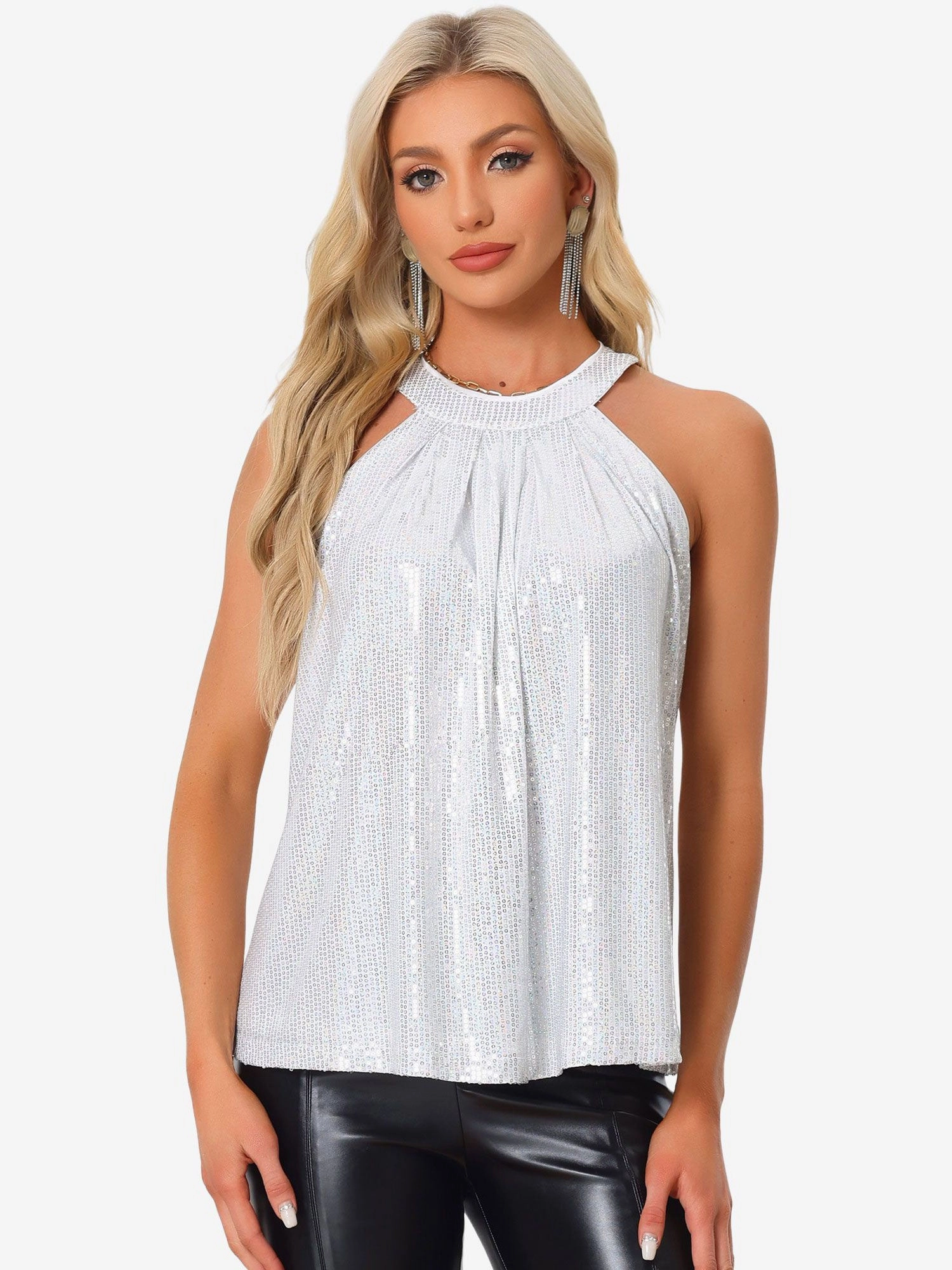 Cocktail Sparkle Sleeveless Vest Tank Camisole Sequin Halter Top