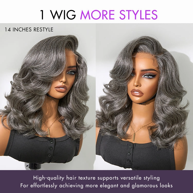Crazy Wednesday | Layered Blowout Salt and Pepper Glueless Grey Wig Minimalist HD Lace Shoulder Length Wavy Wig