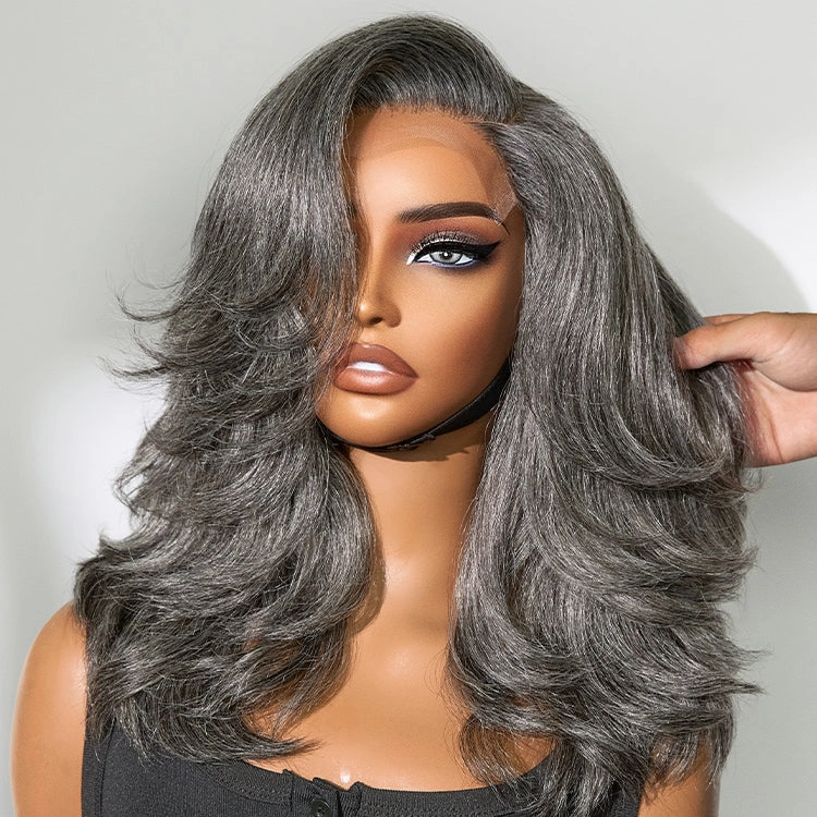 Crazy Wednesday | Layered Blowout Salt and Pepper Glueless Grey Wig Minimalist HD Lace Shoulder Length Wavy Wig