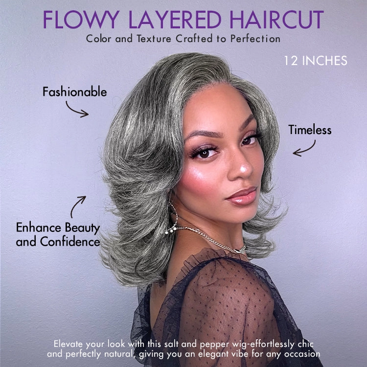 Crazy Wednesday | Layered Blowout Salt and Pepper Glueless Grey Wig Minimalist HD Lace Shoulder Length Wavy Wig