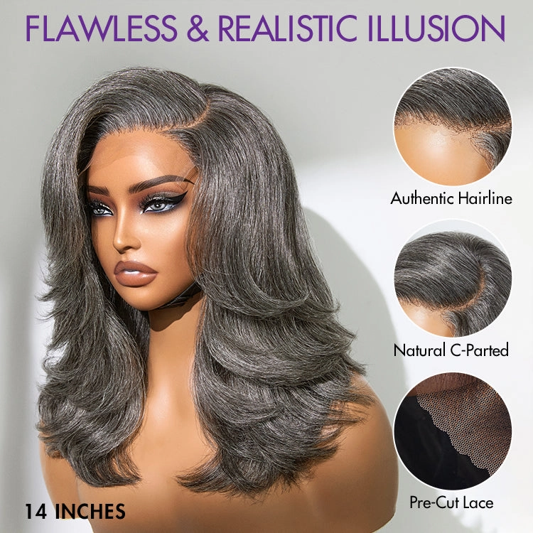 Crazy Wednesday | Layered Blowout Salt and Pepper Glueless Grey Wig Minimalist HD Lace Shoulder Length Wavy Wig