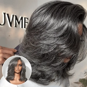 Crazy Wednesday | Layered Blowout Salt and Pepper Glueless Grey Wig Minimalist HD Lace Shoulder Length Wavy Wig