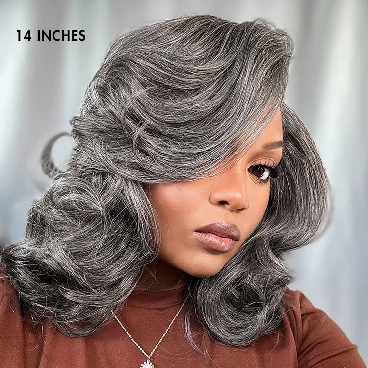 Crazy Wednesday | Layered Blowout Salt and Pepper Glueless Grey Wig Minimalist HD Lace Shoulder Length Wavy Wig