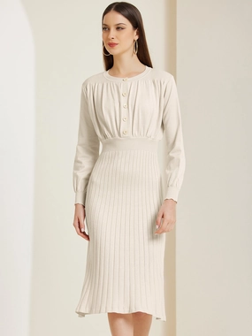 Crew Neck Pleated Lantern Sleeve Midi Ribbed Knit Sweater Dress