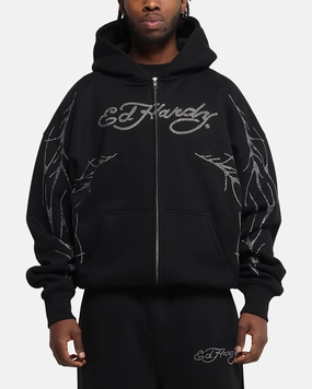Ed Hardy Cyber Rhinestone Zip-Up Hoodie Black