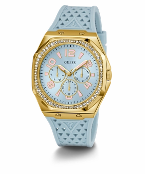 GUESS Ladies Light Blue Gold Tone Multi-function Watch