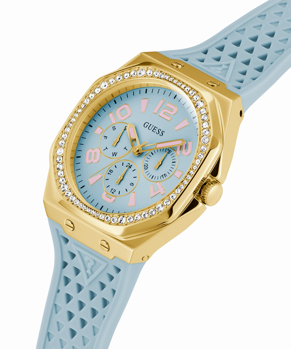 GUESS Ladies Light Blue Gold Tone Multi-function Watch