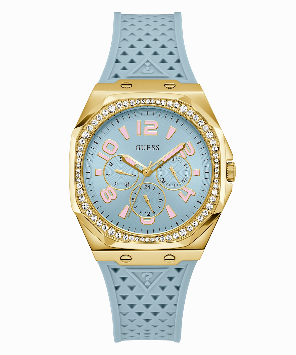GUESS Ladies Light Blue Gold Tone Multi-function Watch