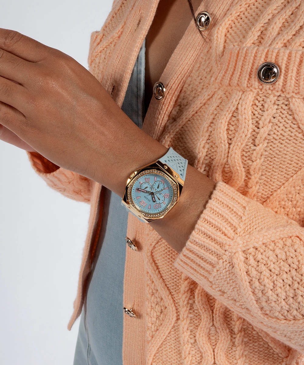 GUESS Ladies Light Blue Gold Tone Multi-function Watch