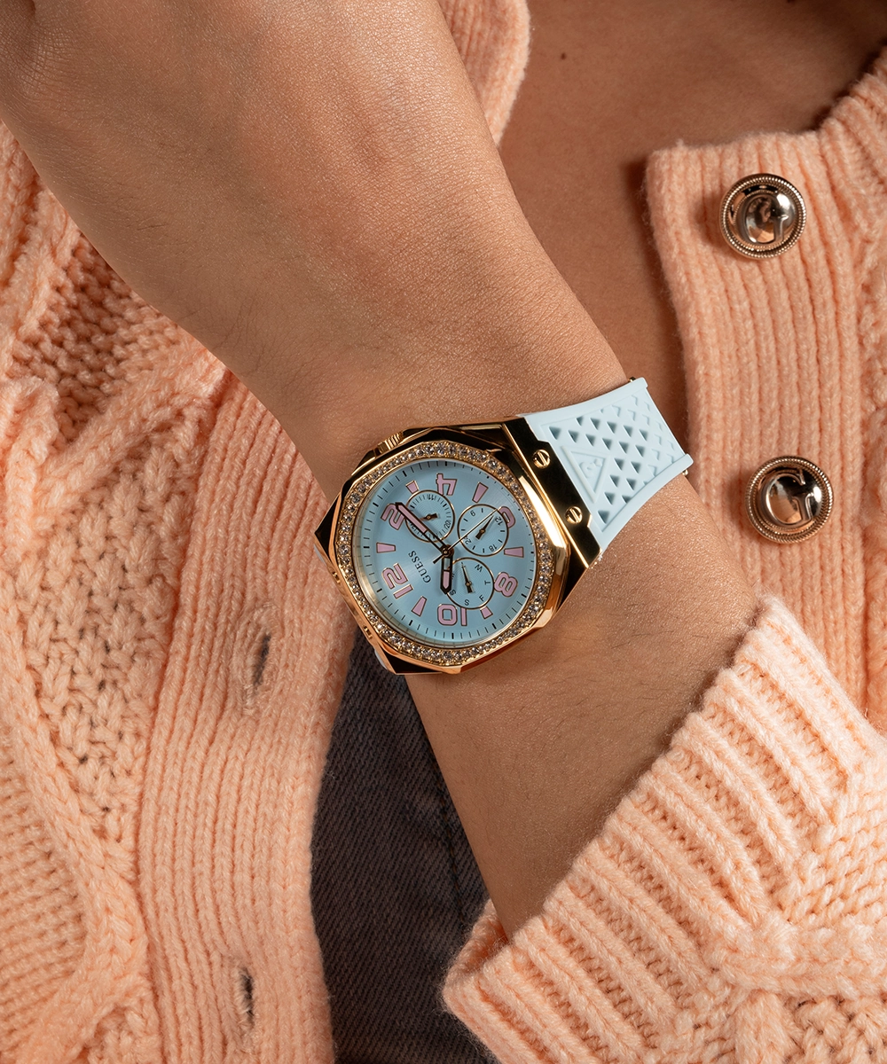 GUESS Ladies Light Blue Gold Tone Multi-function Watch