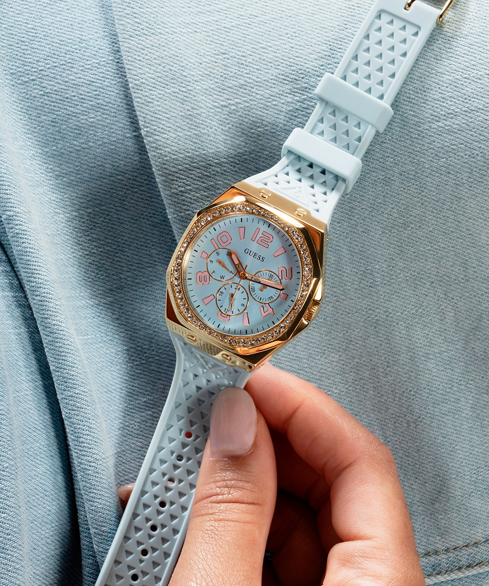 GUESS Ladies Light Blue Gold Tone Multi-function Watch