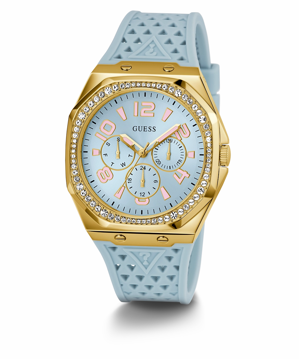 GUESS Ladies Light Blue Gold Tone Multi-function Watch