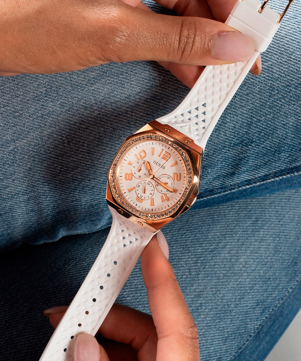 GUESS Ladies White Rose Gold Tone Multi-function Watch