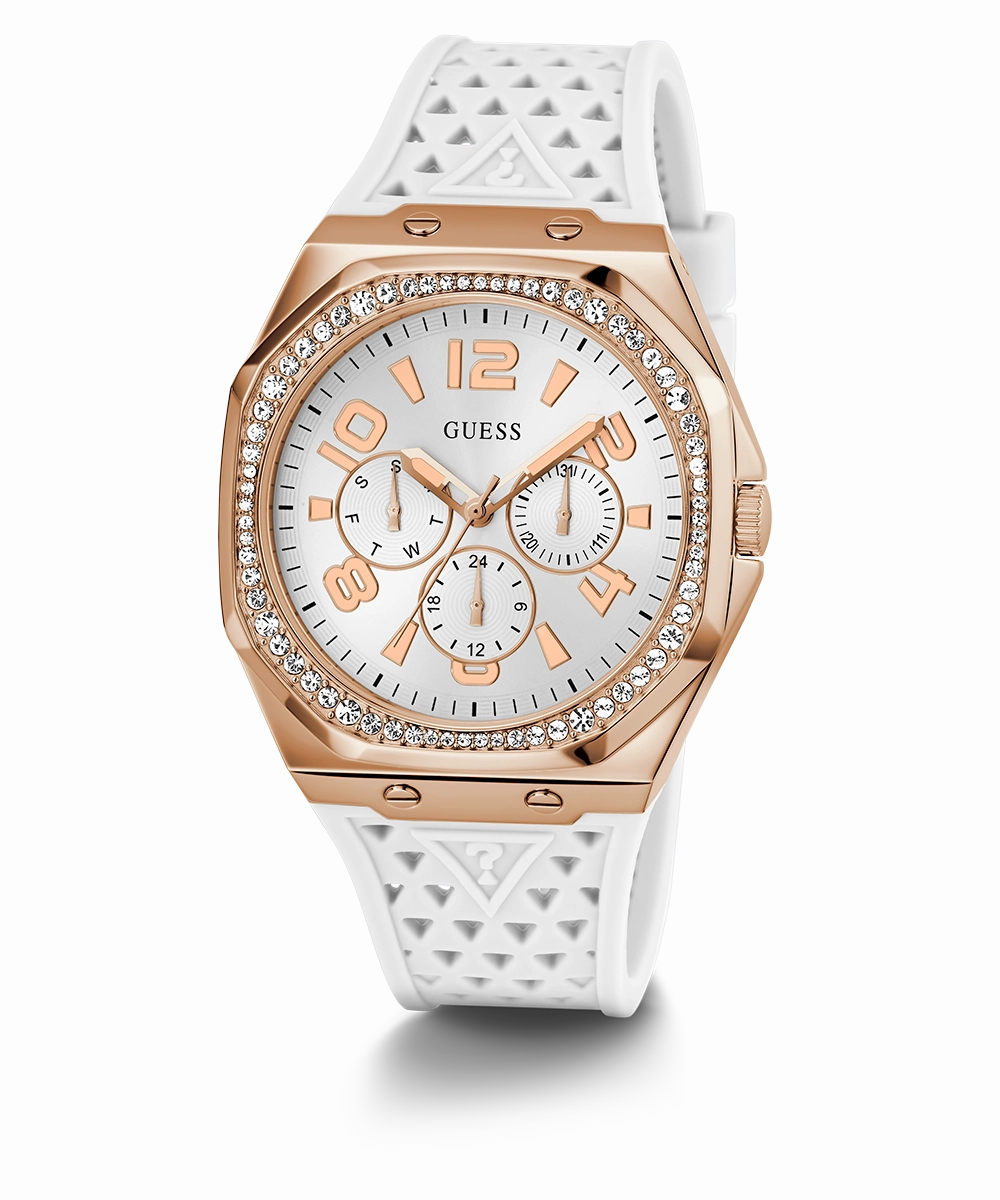 GUESS Ladies White Rose Gold Tone Multi-function Watch