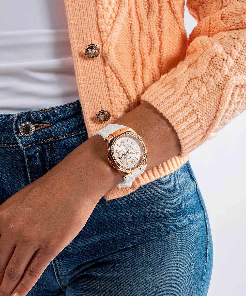 GUESS Ladies White Rose Gold Tone Multi-function Watch