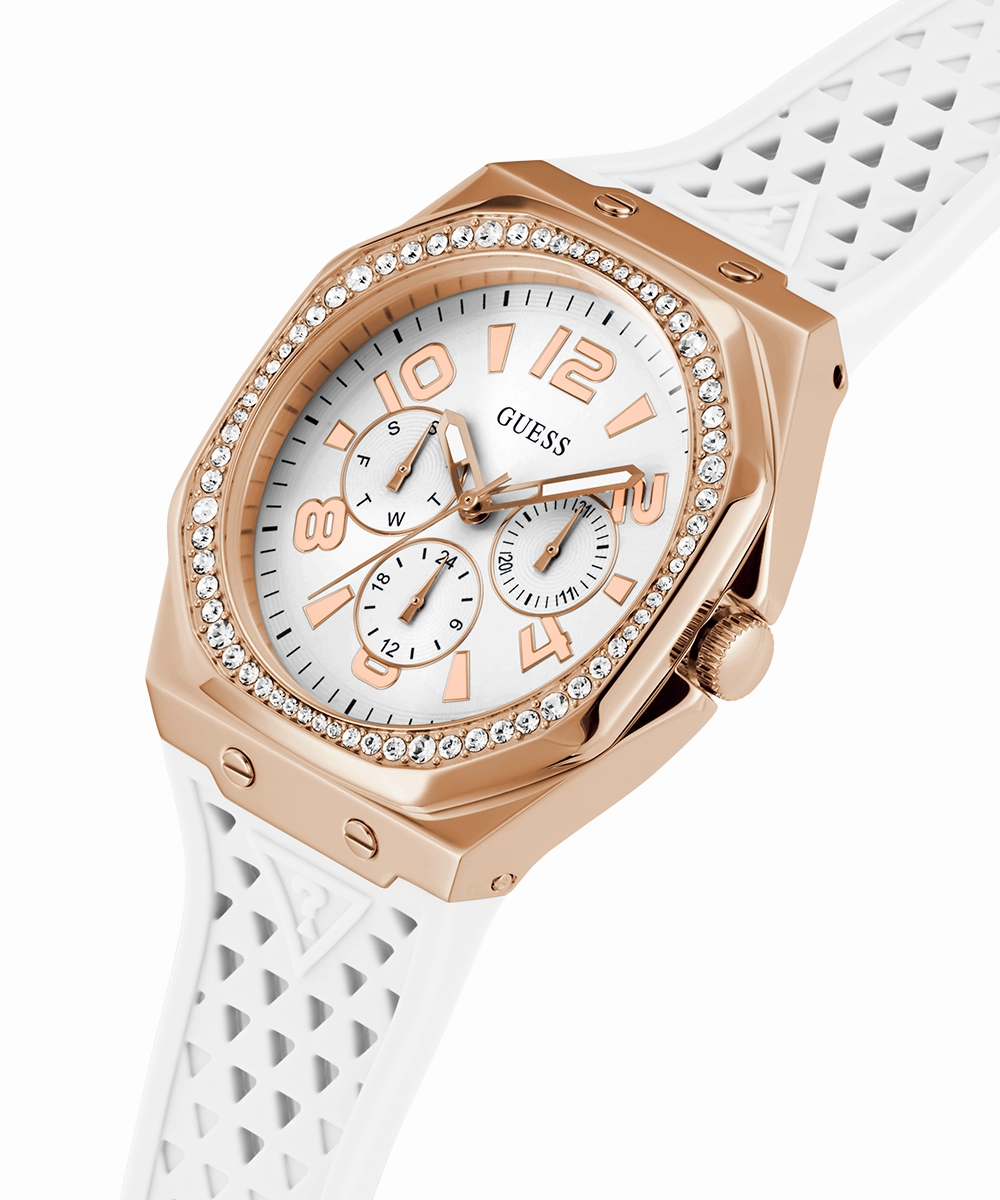 GUESS Ladies White Rose Gold Tone Multi-function Watch