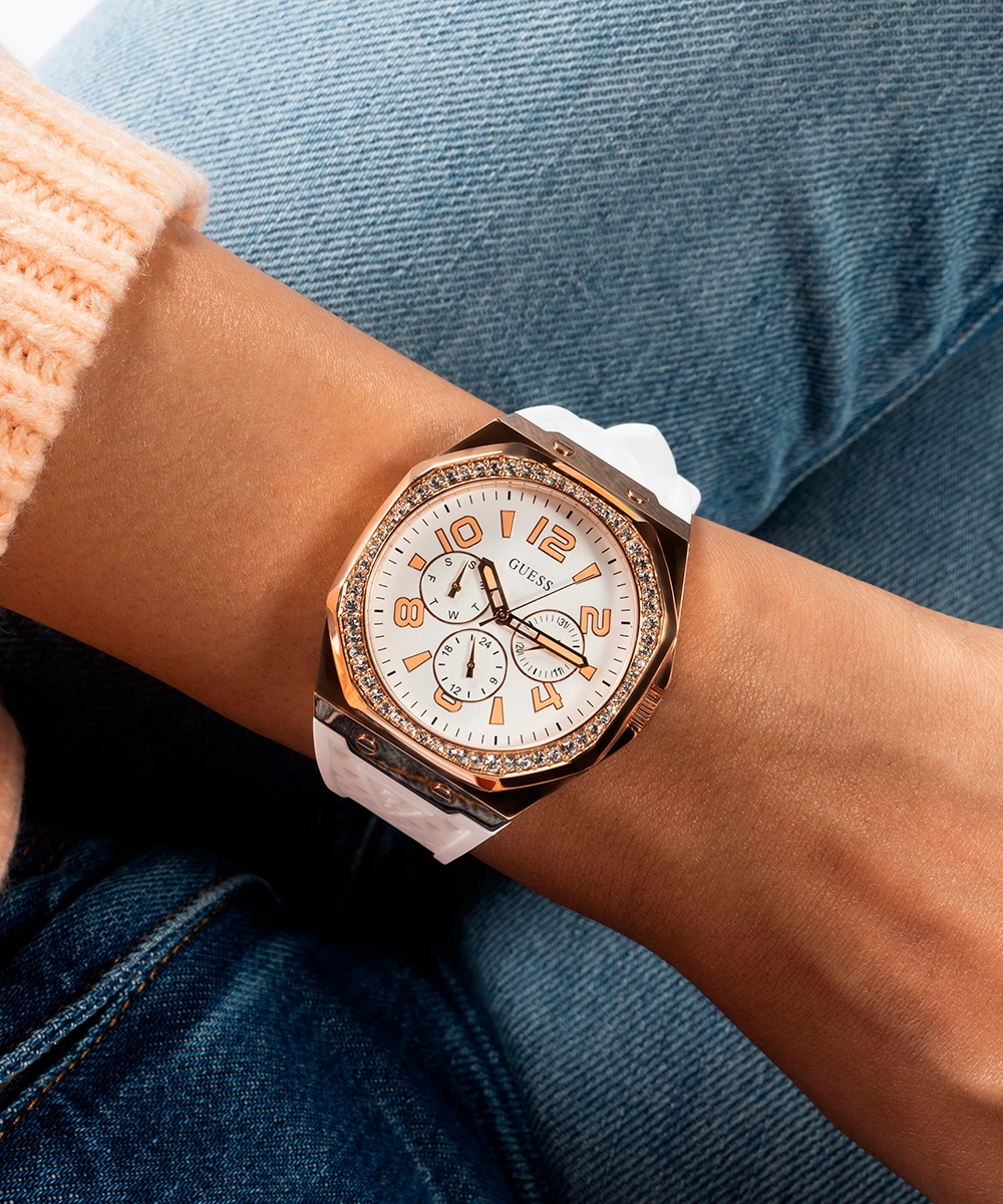 GUESS Ladies White Rose Gold Tone Multi-function Watch