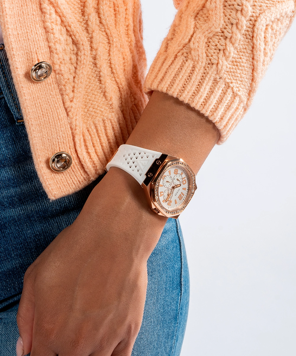 GUESS Ladies White Rose Gold Tone Multi-function Watch