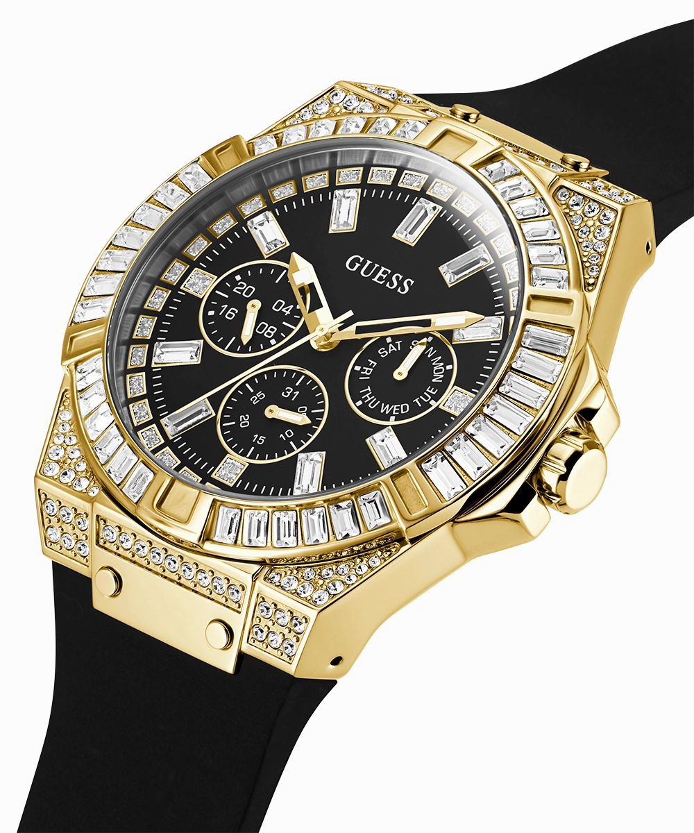 GUESS Mens Black Gold Tone Multi-function Watch