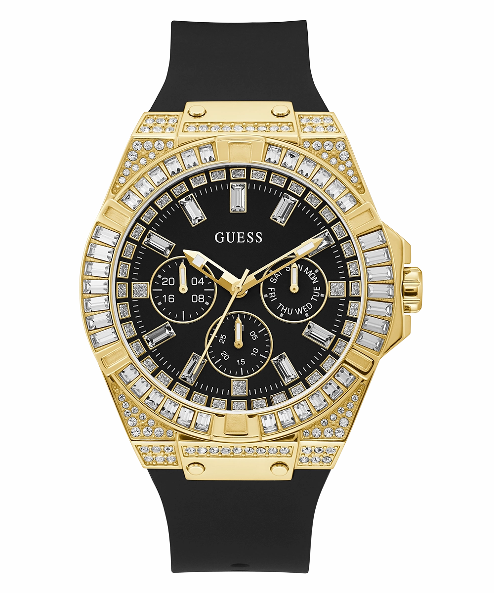 GUESS Mens Black Gold Tone Multi-function Watch