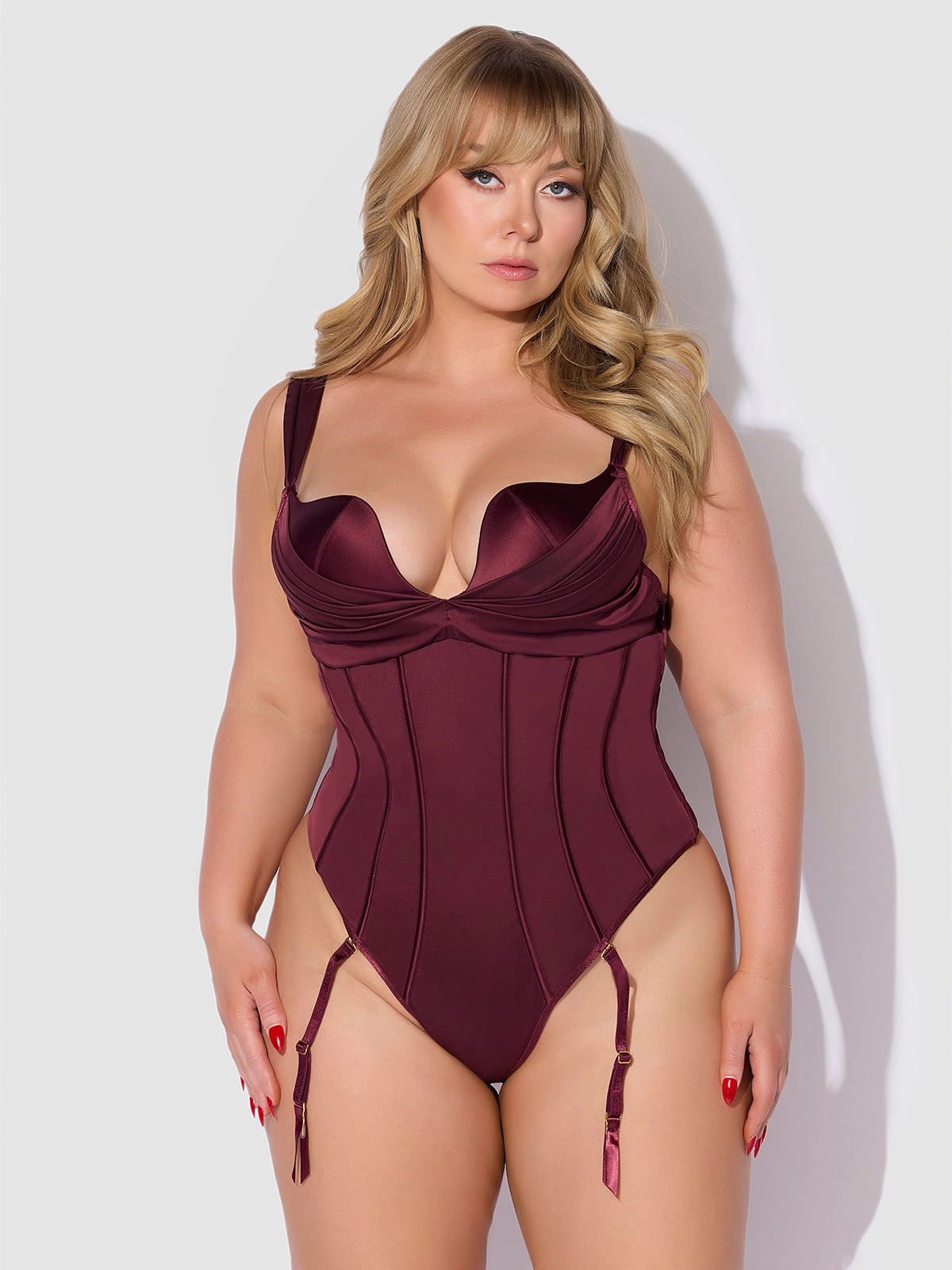 Rising Star Plunge Push Up Corseted Teddy in Petra Satin