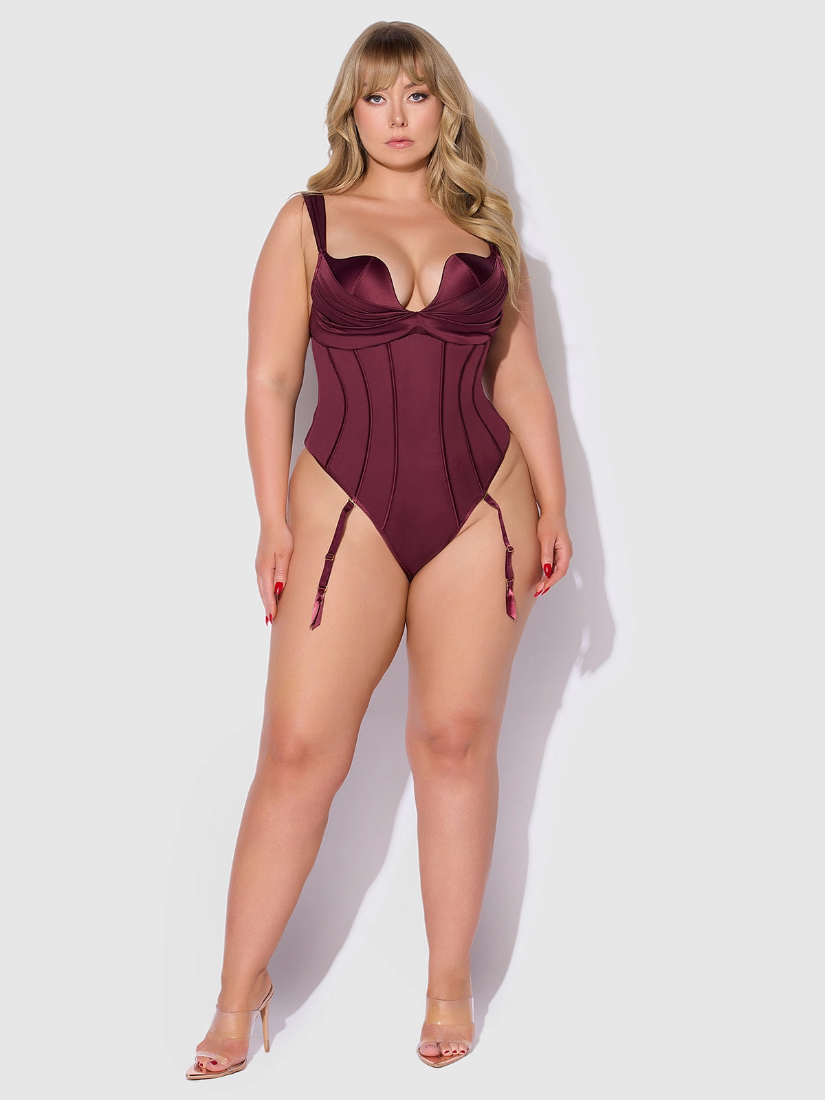 Rising Star Plunge Push Up Corseted Teddy in Petra Satin
