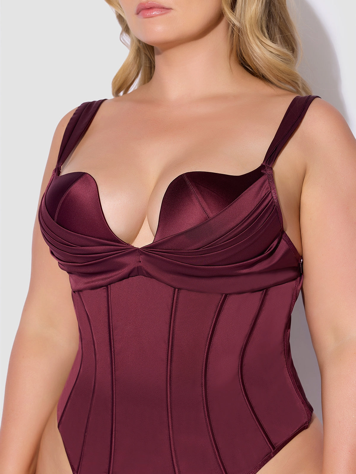 Rising Star Plunge Push Up Corseted Teddy in Petra Satin