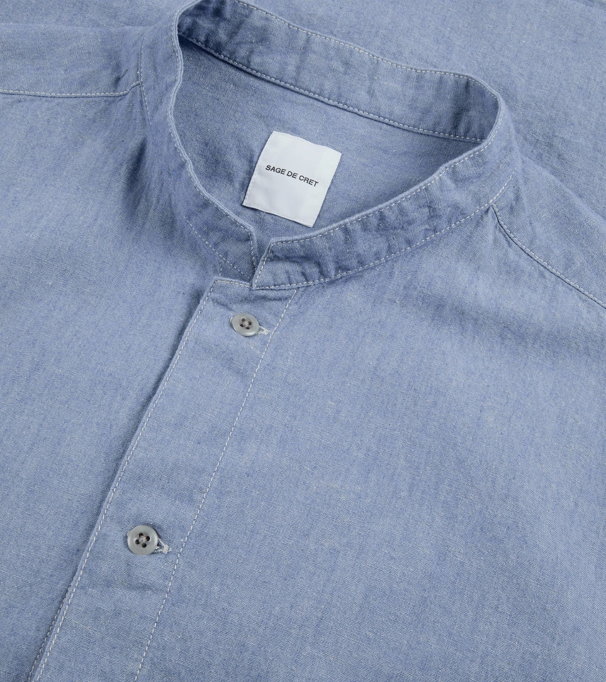 Sage de Cret Cotton Linen Chambray Stand Collar Shirt: Light Blue