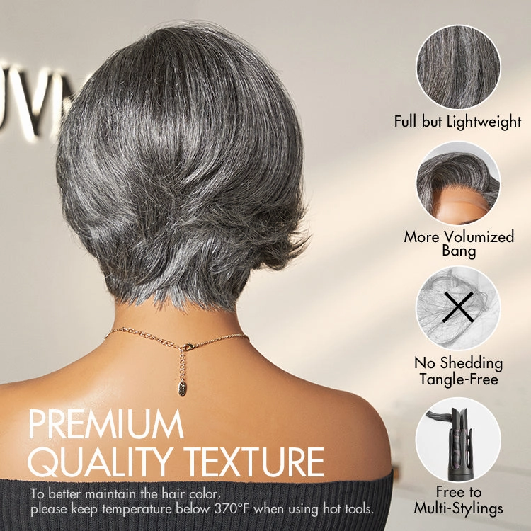 Salt and Pepper Short Pixie Cut Wig Glueless Minimalist HD Lace Grey Wig Pre-Cut Lace