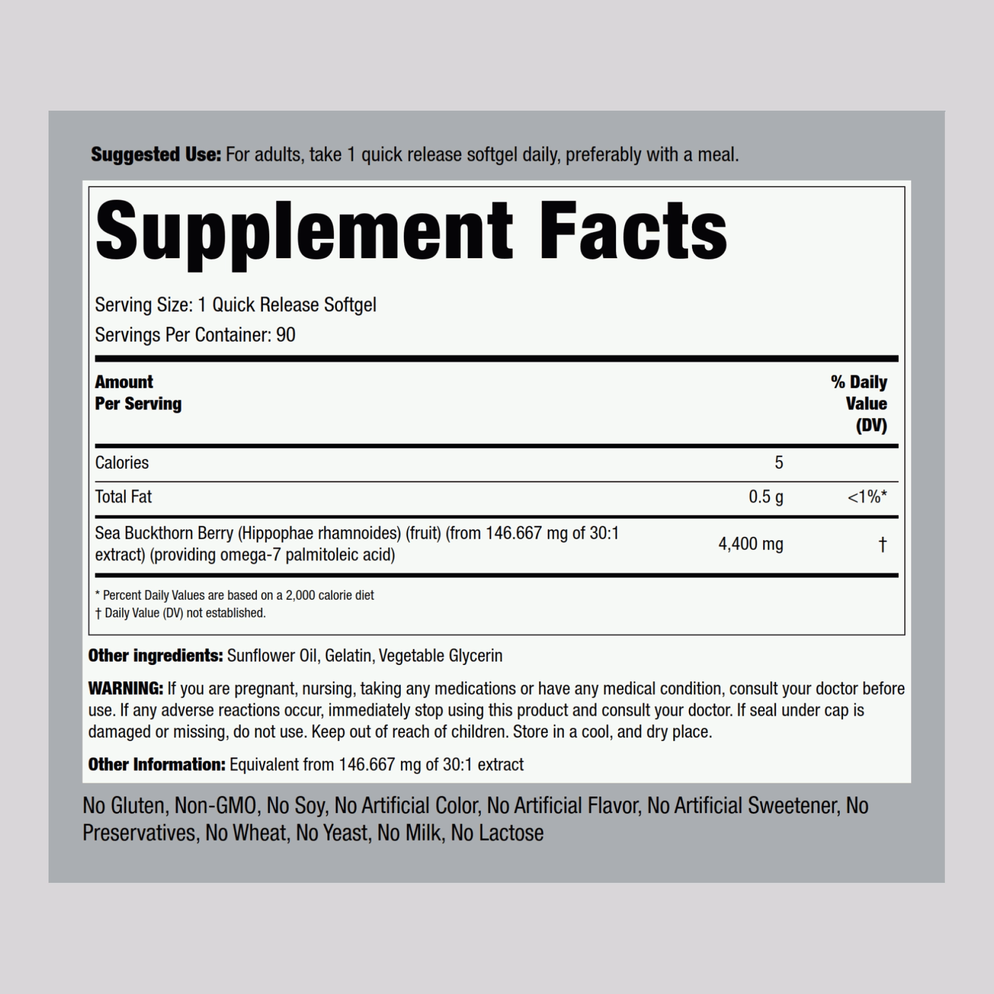 Sea Buckthorn Oil with Omega-7, 4400 mg, 90 Quick Release Softgels, 2  Bottles