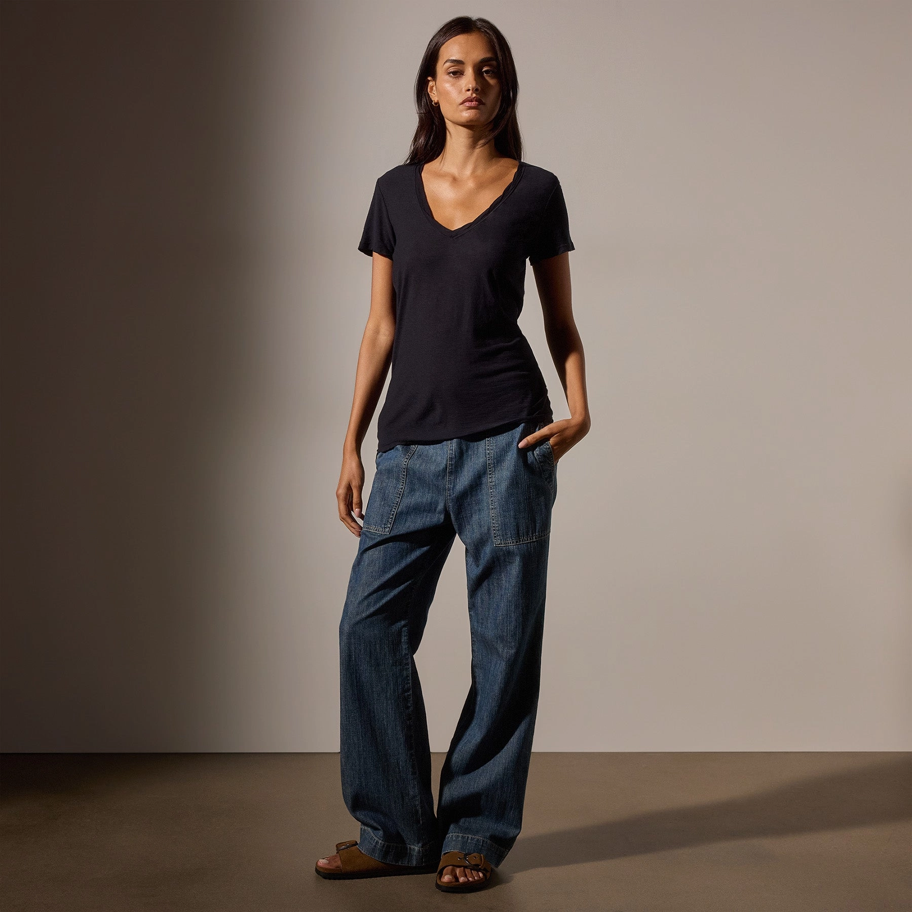 Sheer Slub Casual V Neck - Deep