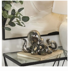 SILVER CERAMIC OCTOPUS SCULPTURE WITH TEXTURED TENTACLES,