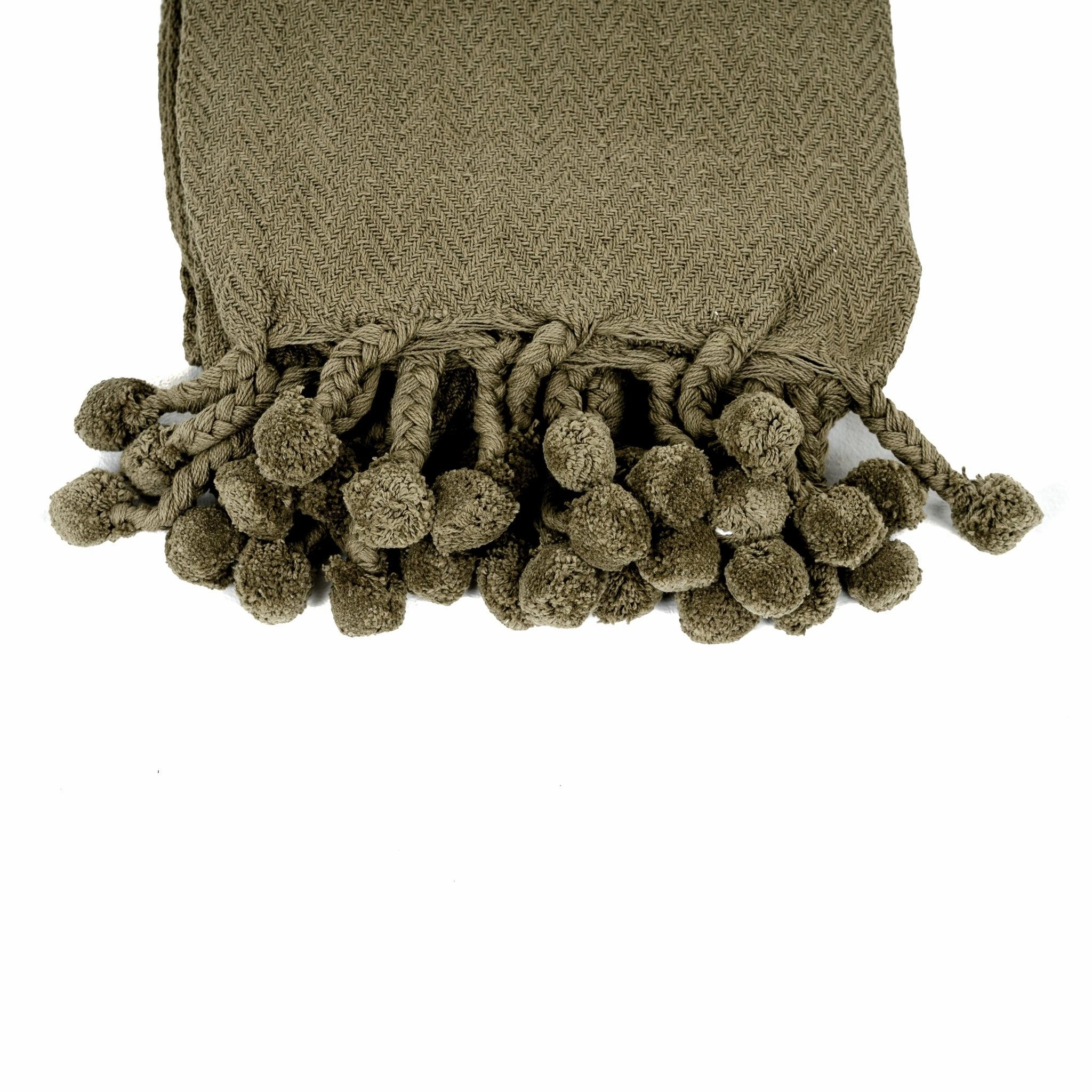 Vesla Cotton Throw with Braided Pom Pom Tassels in Green