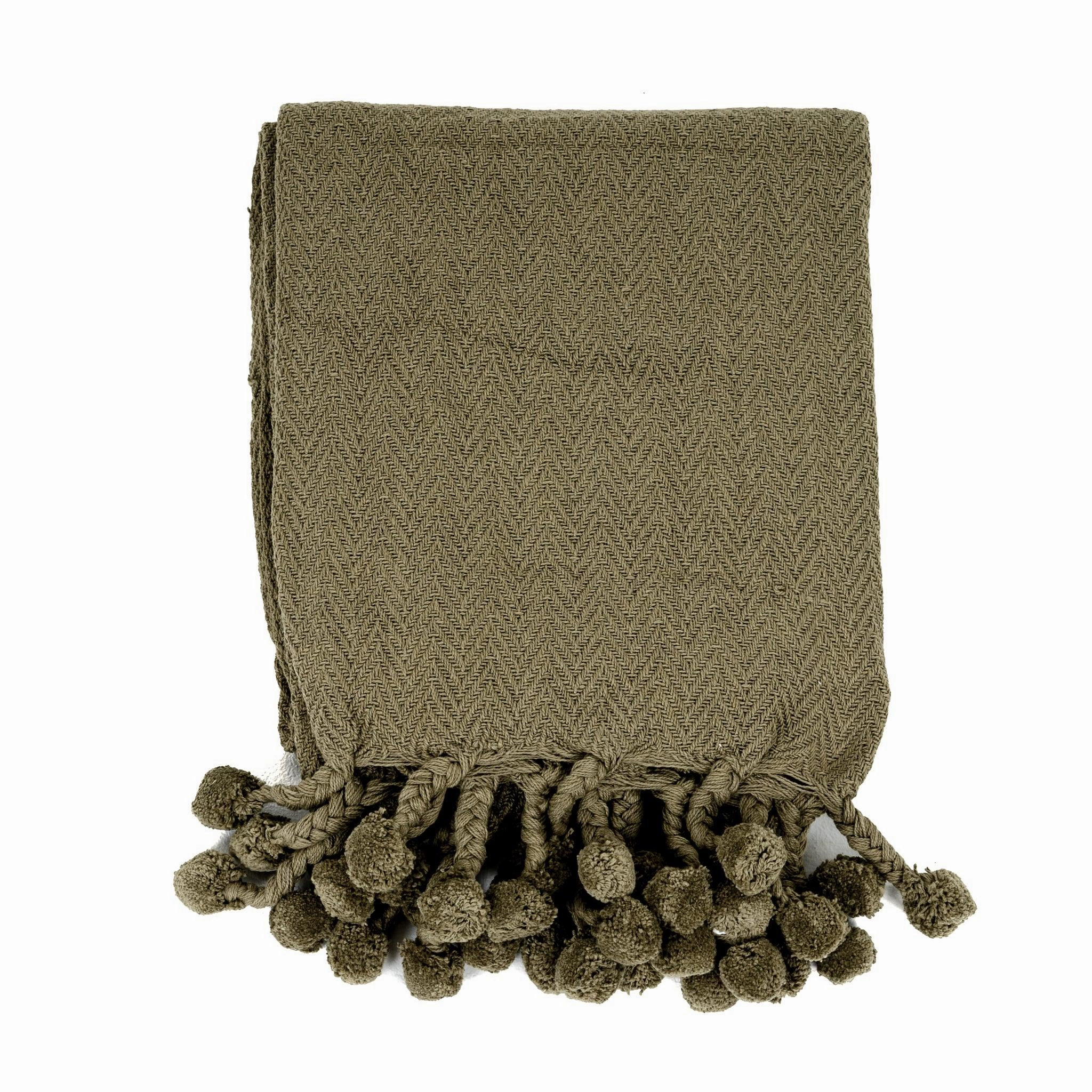 Vesla Cotton Throw with Braided Pom Pom Tassels in Green