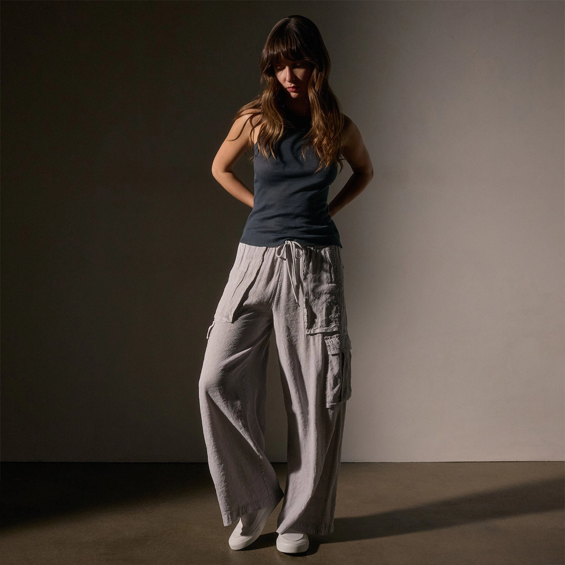 Wide Leg Linen Blend Cargo Pant - Nimbus Pigment